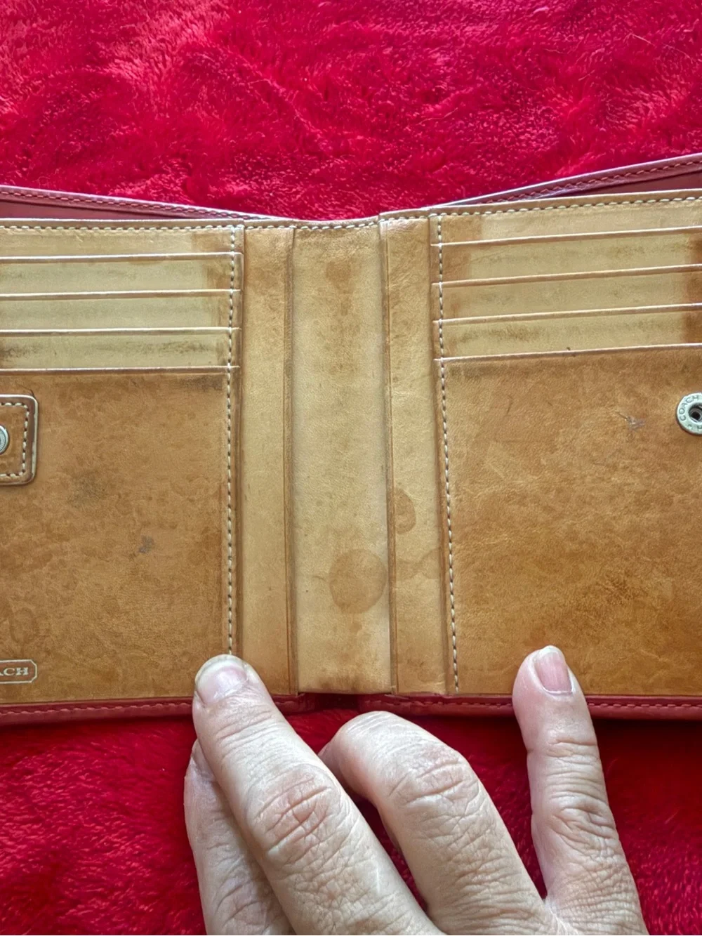 COACH Vintage Red Embossed Signature C Leather Medium French Purse Bifold Wallet